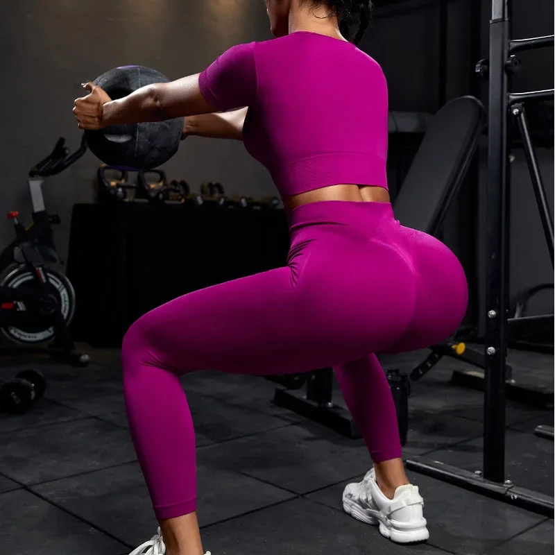 2pcs Seamless High Stretch Yoga Set Sports Suit Scoop Neck Top Tummy Control Leggings 4 Colors