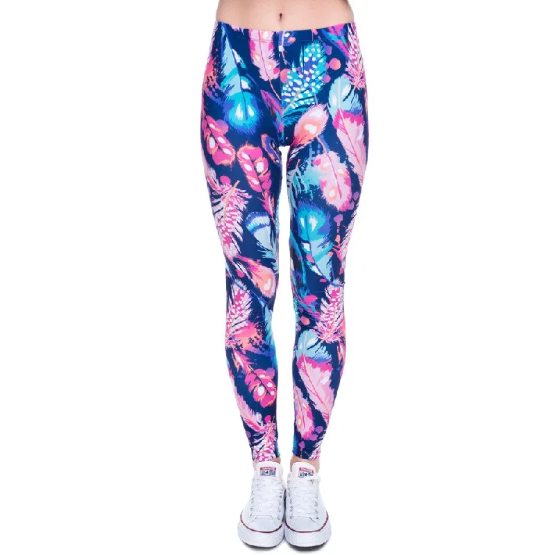 Gorgeous Ladies One Size Blue Leggings With Printed Feathers