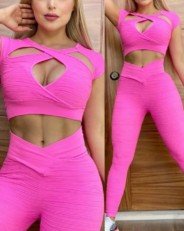 New Women Hollow Bright Stretch Breathable Yoga Sports Fitness Yoga Two-piece S-XL Pants Sets