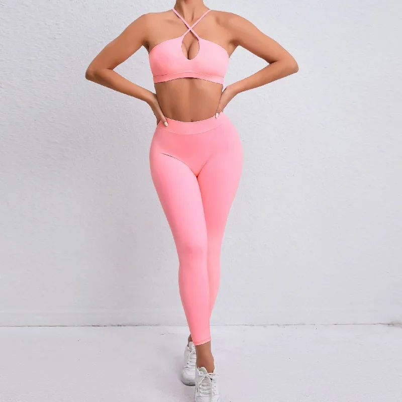 Nude yoga dress cross back sports fitness two-piece set 5 colors