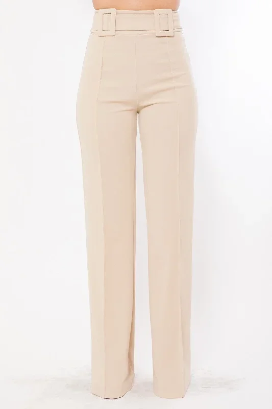 High Waist Pants With Self Fabric Buckle Detail On The Waist