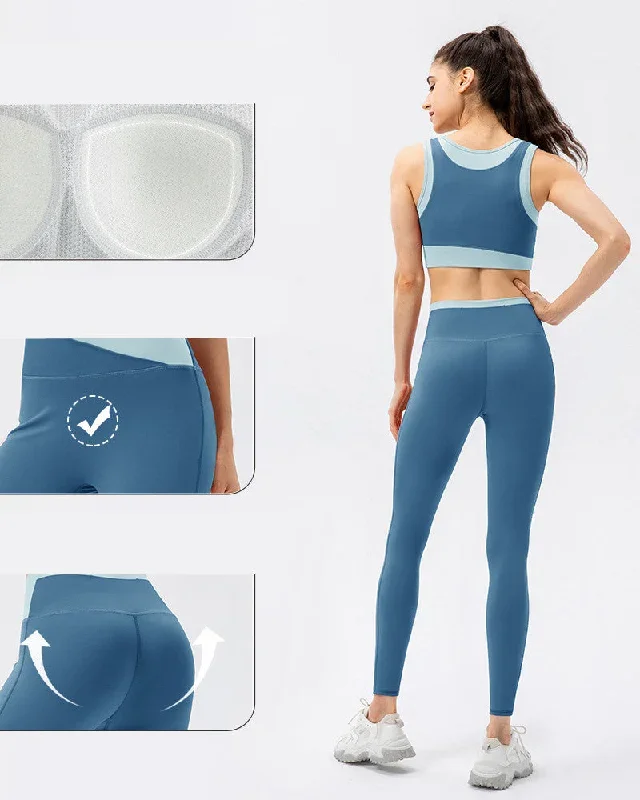 Women High Protect Colorblock High Waist Slim Leggings Sets Yoga Two Pieces Set Green Blue Red S-2XL Pants sets