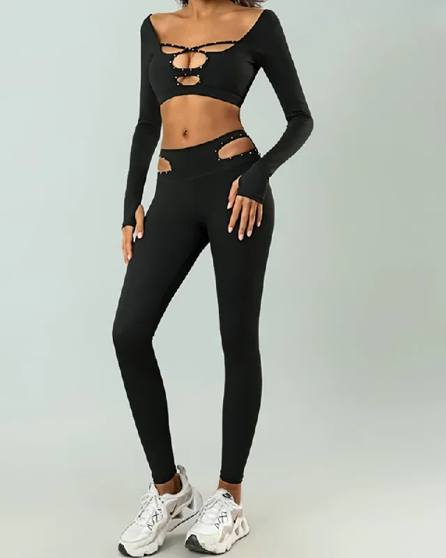 Women Long Sleeve Hollow Out Sexy Yoga Two-piece Set S-XL