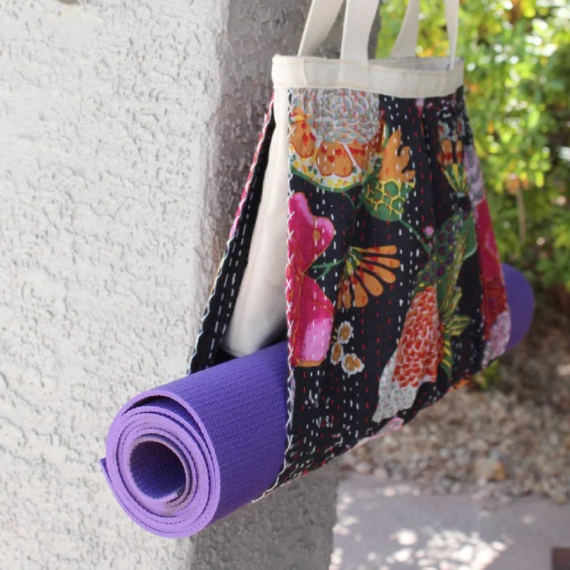 Yoga Mat Carrier | Kantha Quilt | Black with Flowers